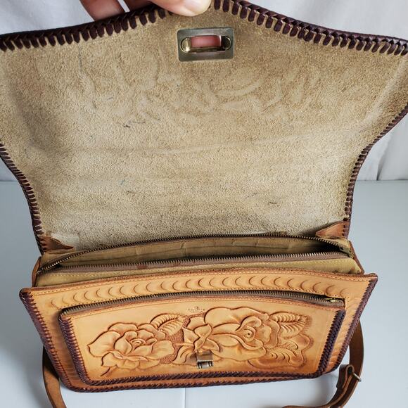 Vtg Mexican Hand Tooled Leather Bag Horses Roses Retro Boho Hippie Artsy Artisan - Picture 6 of 13